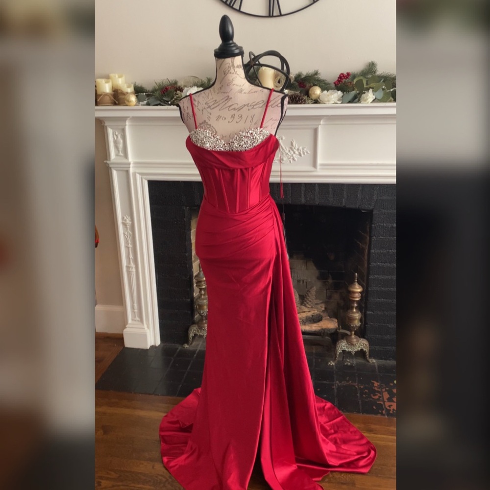 Sexy red satin corset prom dress formal dress or evening gown size 2